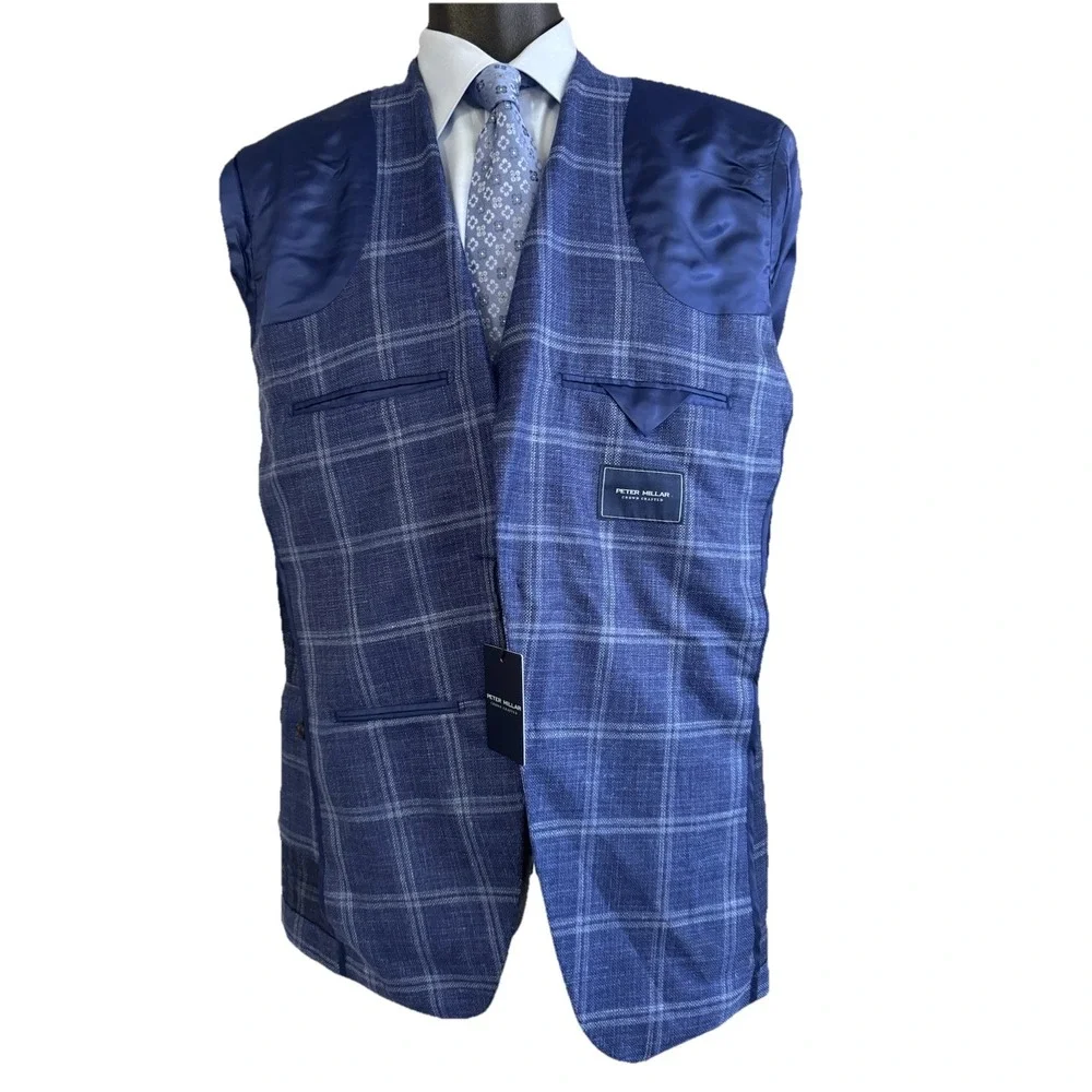 NWT Peter Millar Sport Coat Blazer Wool Silk Linen ATL‎ Blue Plaid 44 Long $1295